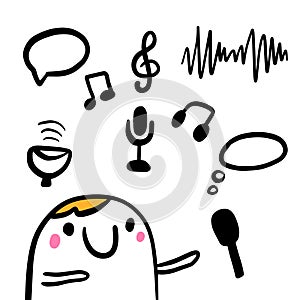 Cute man and microphone podcast illustration in doodle style kawaii face
