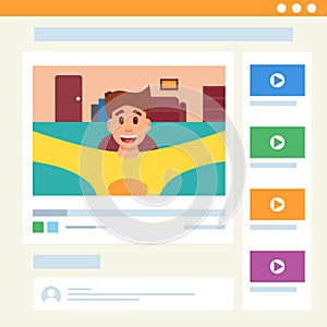 Cute man video blogging in web interface. Vector illustration in cartoon style