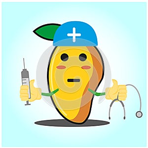 Cute mango doctor cartoon face character with sthethoskop and syringe image design photo