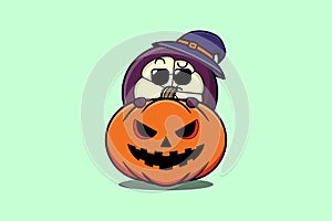 Cute Mangosteen cartoon hide in pumpkin halloween