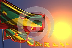 Cute many Grenada flags on sunset placed diagonal with selective focus and space for content - any celebration flag 3d