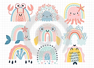 Cute marina rainbows for your design, childish hand drawn sea elements. Nursery theme