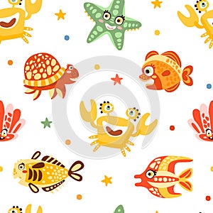 Cute Marine Animal and Comic Underwater Creatures on Vector Seamless Pattern