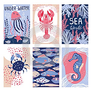 Cute marine posters, fish doodles. Simple starfish from north sea, beach crabs, ocean life summer travel. Childish