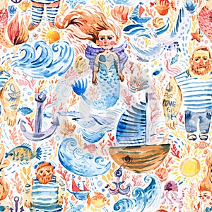 Cute marine watercolor seamless pattern with mermaids, sailors and ships