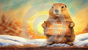 Cute marmot holding a wooden board with the text Happy Groundhog day. Funny woodchuck forecaster with a banner predicts the