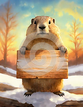 Cute marmot painting as holding a wood board with copy space for the Groundhog day advertising. Funny woodchuck forecaster with a