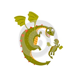 Cute mature dragon and small baby dragon flying, mother and her child, family of green mythical animals cartoon