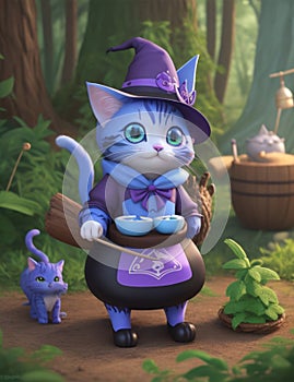 Cute medieval blue purple witch female cat with potions 3d cartoon at the forest Leonardo AI Computer Generated image