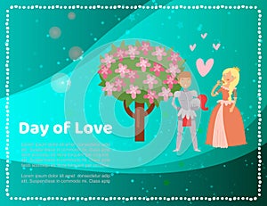 Cute medieval princess lady and knight love day with blosom tree and hearts cartoon vector illustration.