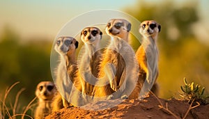 Cute meerkat family sitting in grass, watching sunset in Africa generated by AI