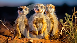 Cute meerkat family sitting in a row, watching outdoors generated by AI