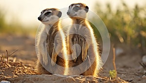 Cute meerkat family standing, watching, alert in Africa generated by AI