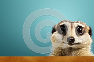 Cute meerkat poses for photo on blue background with space for text and fun expression