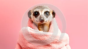A cute meerkat wrapped snugly in a towel after a refreshing bath