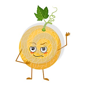 Cute melon character with emotions, face, arms and legs. The funny or proud, domineering hero, fruit with eyes