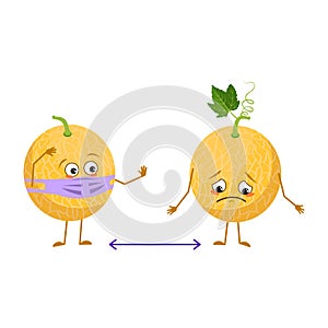 Cute melon characters with emotions, face and mask keep distance, arms and legs. The funny or sad hero, fruit with eyes