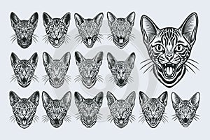 Cute meowing ocicat pet head silhouette design vector set