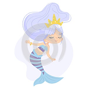 Cute Mermaid Adorable Child Character Watercolor Art. Sea Underwater Woman Beauty Adorable Mythical Nymph in Crown