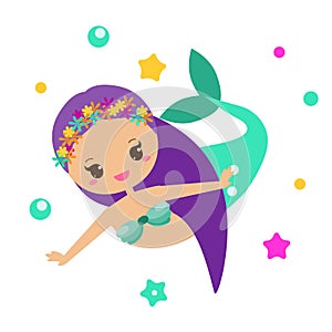 Cute Mermaid. Cartoon character, kawaii style. vector illustration