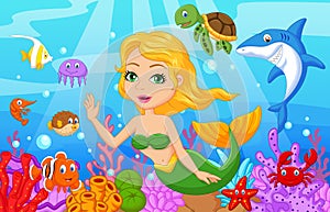 Cute mermaid cartoon with fish collection set