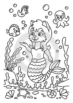 Cute mermaid cat in the underwater world. Coloring book page for kids. Cartoon style. Vector illustration isolated on white