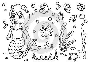 Cute mermaid cat in the underwater world. Coloring book page for kids. Cartoon style. Vector illustration isolated on white