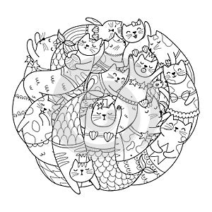 Cute mermaid cats circle shape coloring page. Doodle mandala with funny feline animals for coloring book