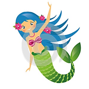 Cute Mermaid character in Cartoon Style. Blue haired undine. vector illustration