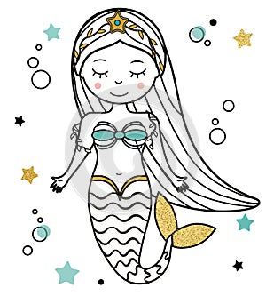 Cute Mermaid character in hand drawn style. vector illustration