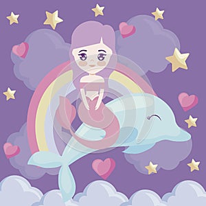 Cute mermaid with with dolphin and rainbow