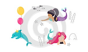 Cute Mermaid with Fish Tail and Wavy Hair with Dolphin Floating Underwater Vector Illustration Set