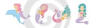 Cute Mermaid Floating Underwater with Wavy Hair Vector Set photo
