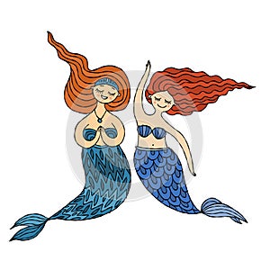 Cute mermaid friends, concept kids print, hand drawn art. Art for print - cards, t-shirts etc