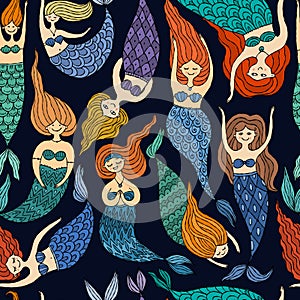 Cute mermaid friends, concept kids print, hand drawn art. Seamless pattern for your design