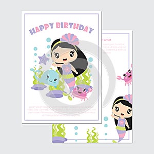 Cute mermaid girl with crab and whale in the sea vector cartoon illustration