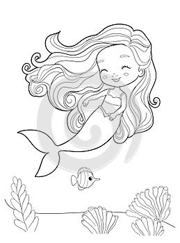 Cute mermaid girl underwater landscape outline illustration for coloring book. Vector outline
