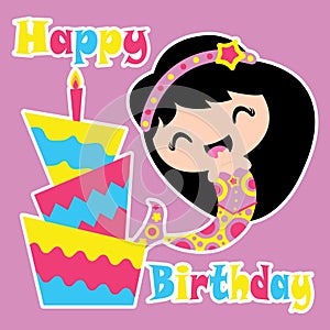 Cute mermaid is happy with birthday cake vector cartoon, Birthday postcard, wallpaper, and greeting card