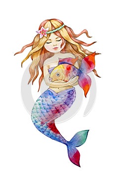 Cute mermaid holding fish cartoon, watercolor illustration