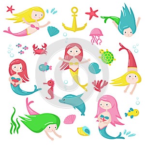 Cute mermaid icon set vector isolated illustration