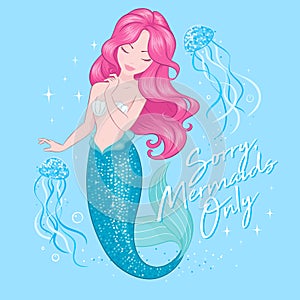 Cute Mermaid with jellyfish. Beautiful mermaid on blue  background, for t shirts or kids fashion artworks, children books. Fashion photo