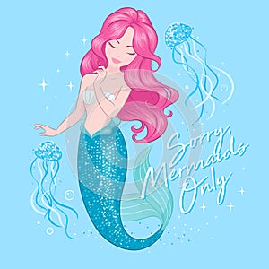 Cute Mermaid with jellyfish. Beautiful mermaid on blue  background, for t shirts or kids fashion artworks, children books. Fashion