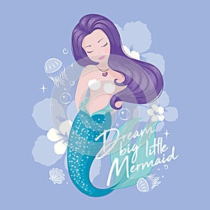 Cute Mermaid with jellyfish and flowers. Beautiful mermaid on lilac background, for t shirts or kids fashion artworks, children photo