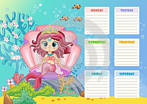 Cute mermaid kids weekly planner vector illustration