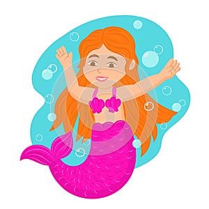 Cute mermaid with little bubbles at the bottom of the sea