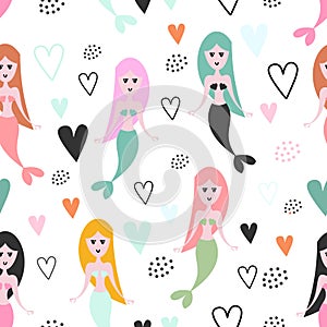 Cute mermaid seamless pattern with childish drawing style colorful background for summer holiday kids, baby, teenager, and