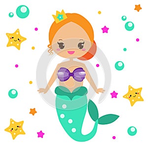 Cute Mermaid with starfishes. Cartoon character, kawaii style. vector illustration