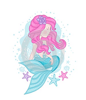 Cute Mermaid for t shirts and fabrics or kids fashion artworks, children books. Girl print. Design for kids. Fashion illustration