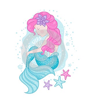 Cute Mermaid for t shirts and fabrics or kids fashion artworks, children books. Girl print. Fashion illustration drawing in modern