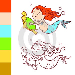 Cute mermaid with turtle. Coloring book page with example for children